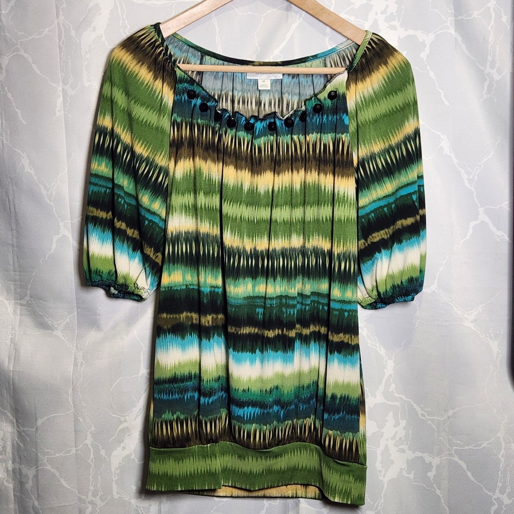 Dressbarn Pullover Blouse Women M 1/2 Sleeve Multi-Color Pleated Beaded Neckline
